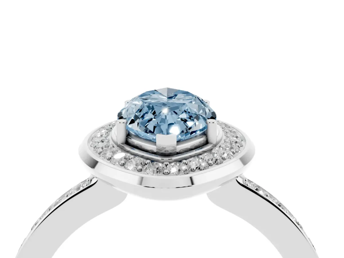Fancy Blue Marquise Cut Diamond Halo Ring with Bezel Frame and Pavé Band Silver