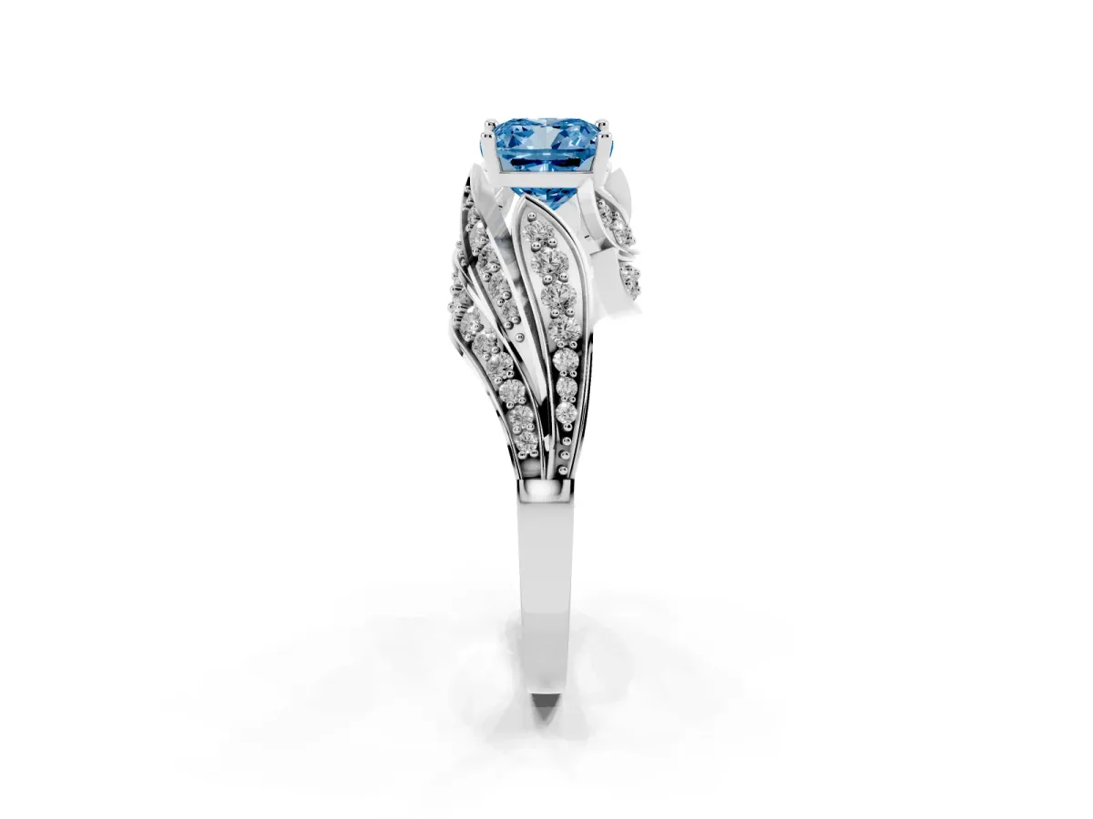 Fancy Blue Cushion Cut Diamond Solitaire Ring with Prong Setting and Twisted Pavé Band Silver