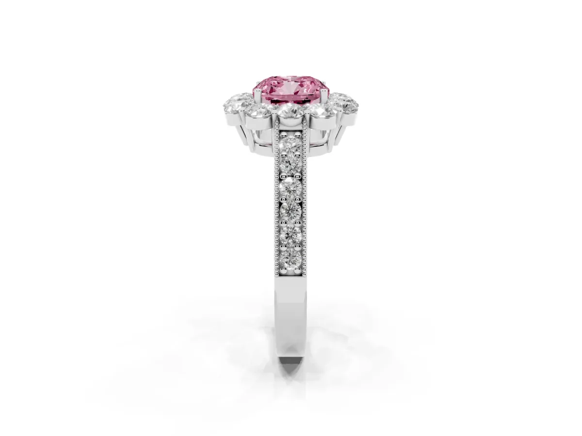 Fancy Pink Cushion Cut Cut Halo Diamond Pavé Engagement Ring with Milgrain Detailing Silver