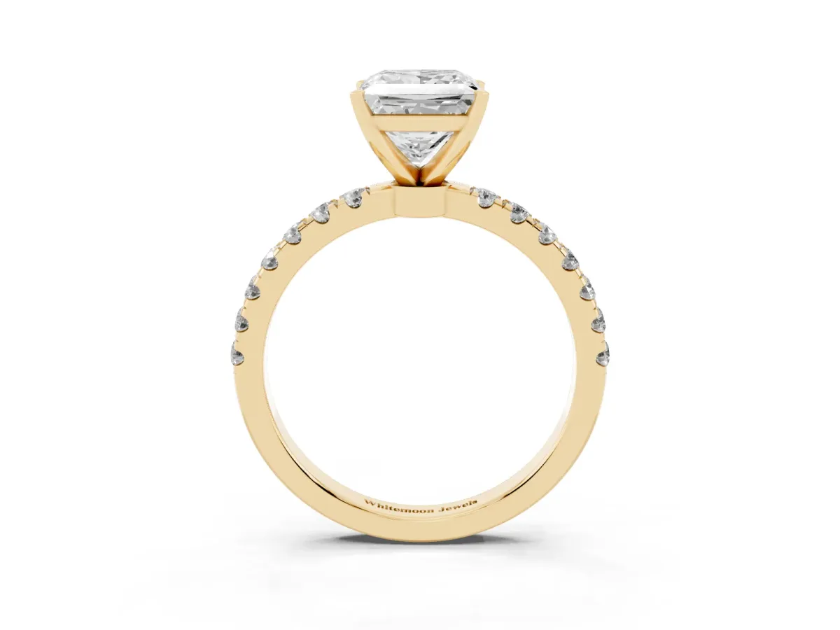 Princess Cut Diamond Solitaire Ring with Pavé Accents and Four-Prong Setting Yellow gold
