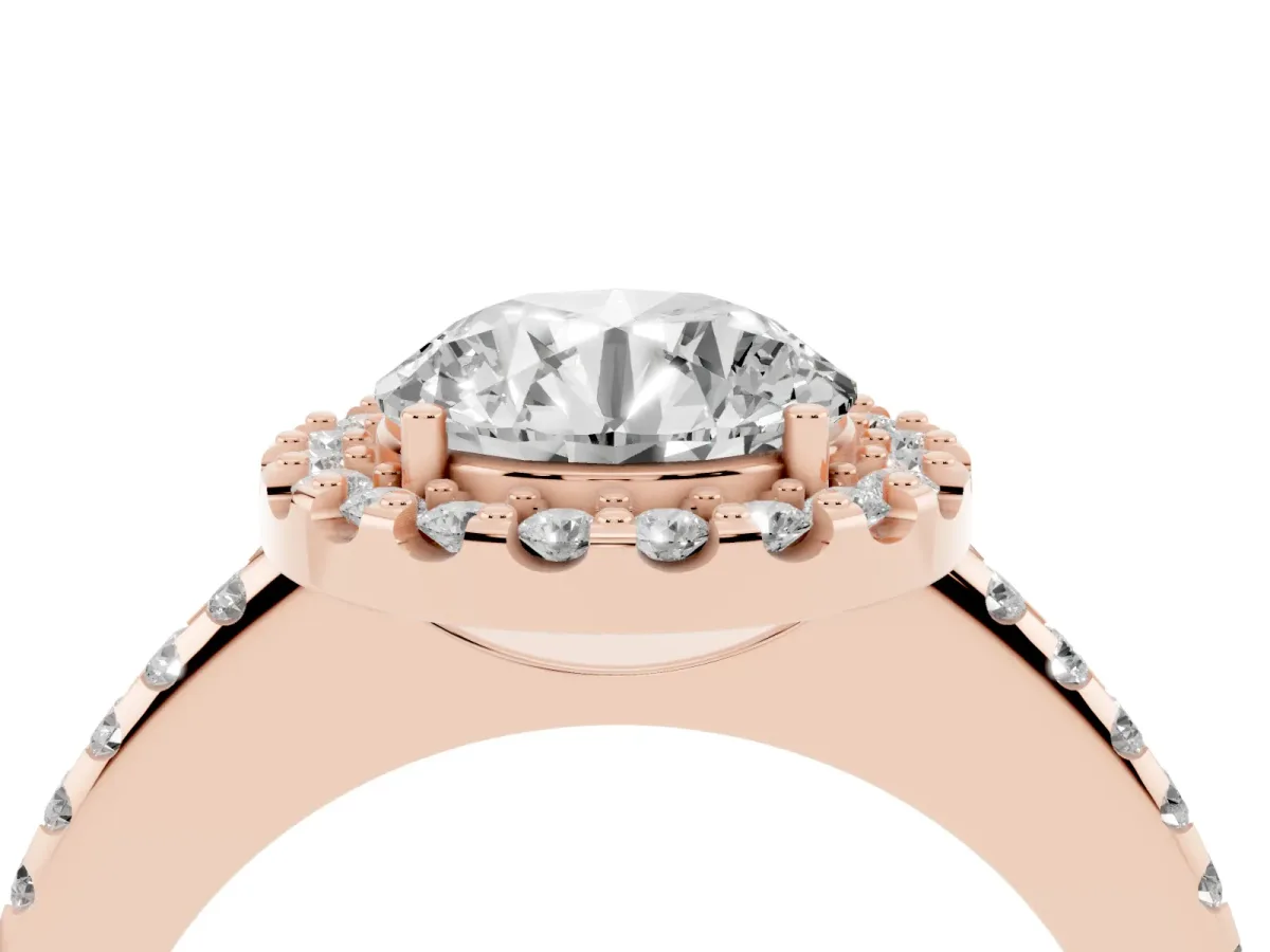 Round Cut Diamond Pavé Halo Ring with Four-Prong Setting Rose gold