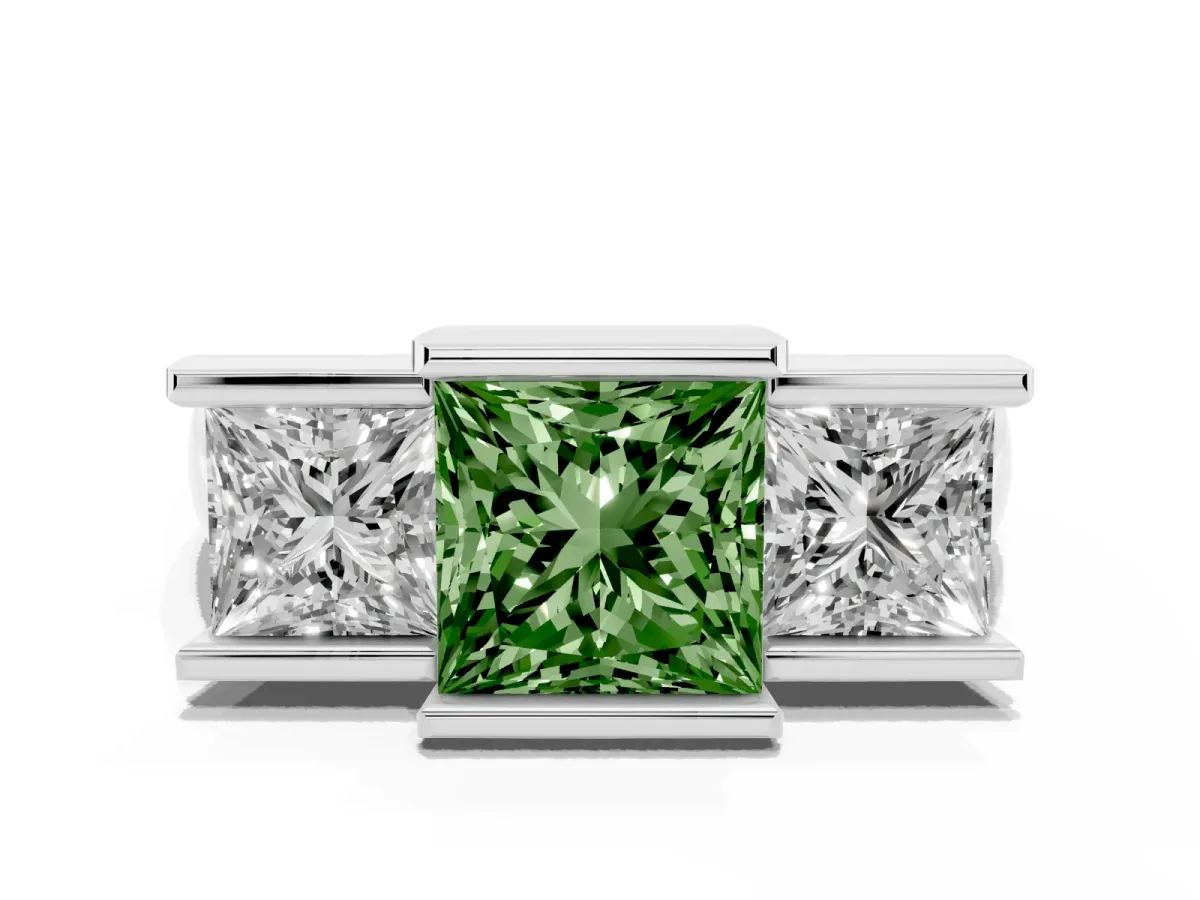 Fancy Green Three Stone Princess Cut Cut Channel Set Diamond Ring Silver