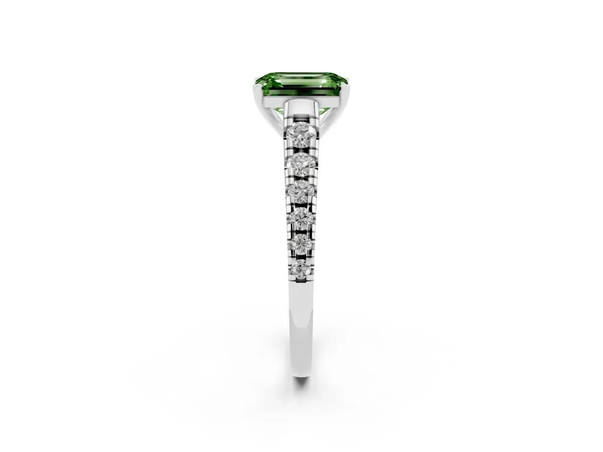 Fancy Green Emerald Cut Diamond Cathedral Solitaire Ring with Round Pavé Band Platinum