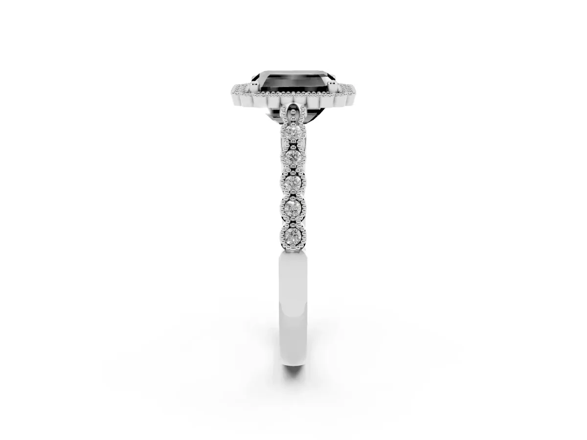 Fancy Black Radiant Cut Cut Halo Pavé Solitaire Ring with Milgrain Band White gold