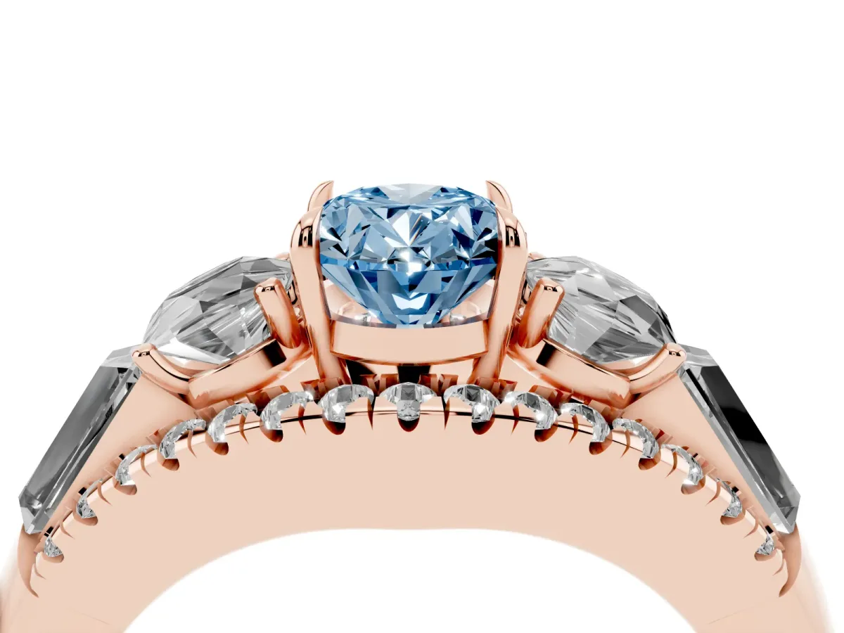 Fancy Blue Three-Stone Oval Cut Diamond Engagement Ring with Pave Band and Prong Setting Rose gold