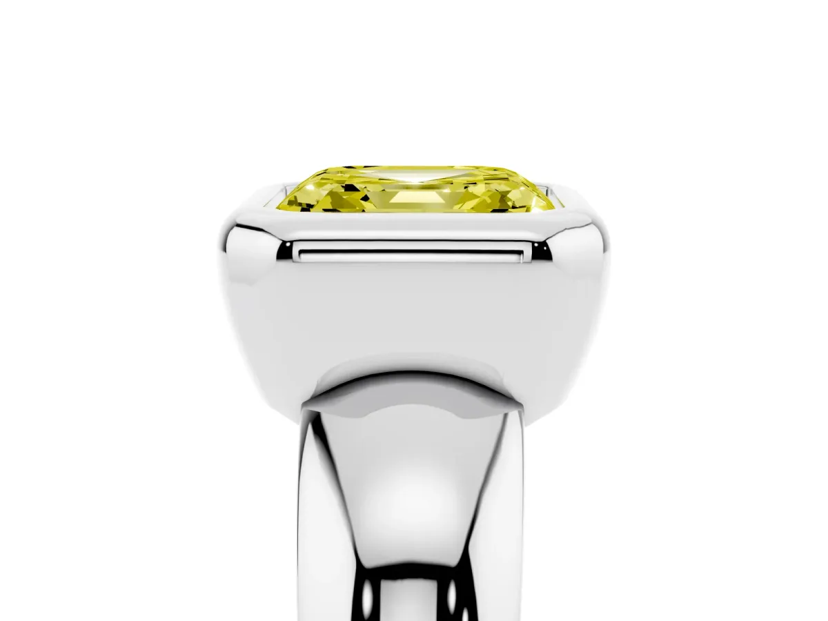 Fancy Yellow Bezel Set Asscher Cut Solitaire Ring with Wide Band Platinum