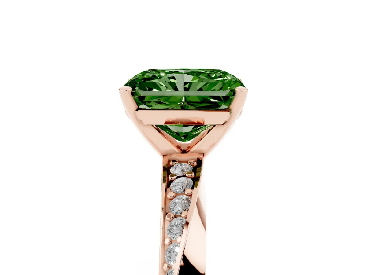 Fancy Green Radiant Cut Diamond Engagement Ring with Side Stone Accents and Four-Prong Setting Rose gold