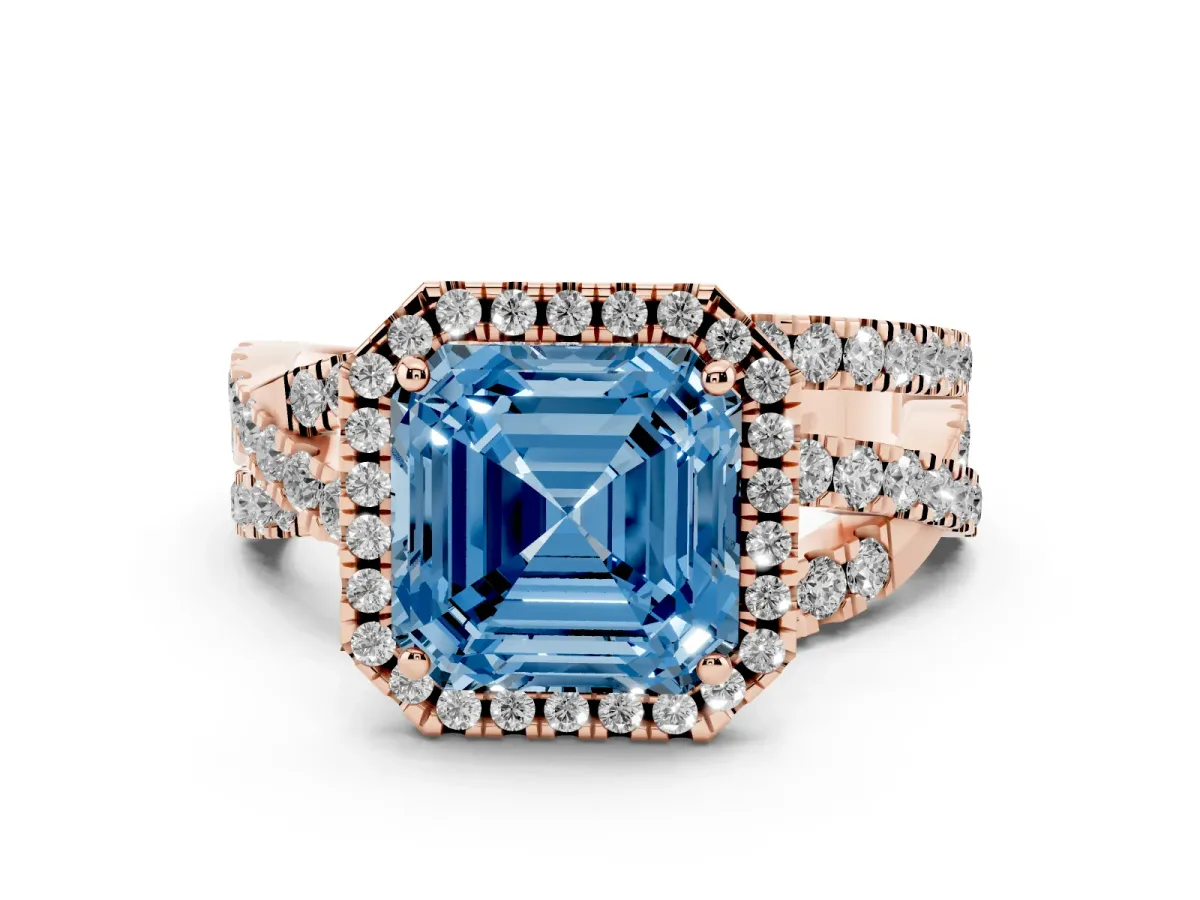 Fancy Blue Asscher Cut Diamond Halo Ring with Round Split Shank and Prong Setting Rose gold
