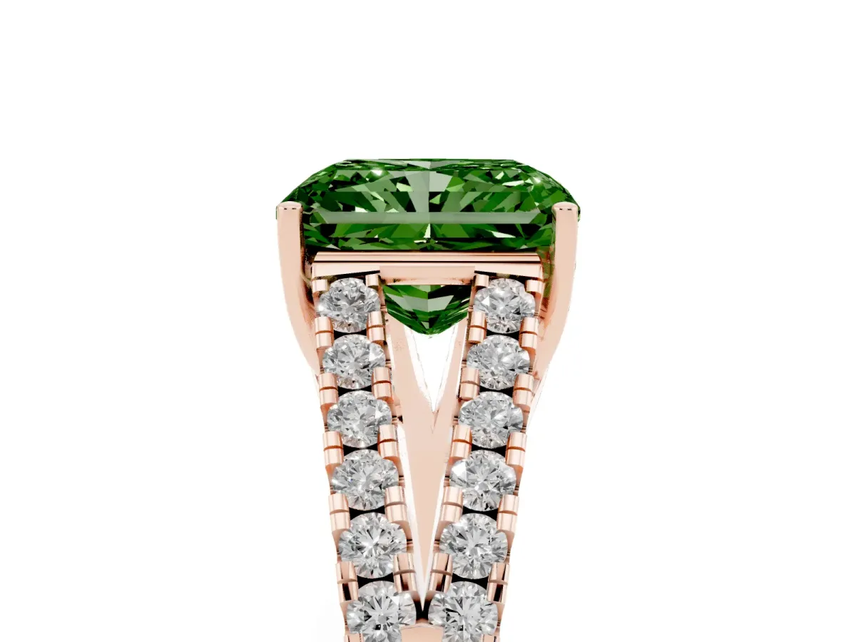 Fancy Green Radiant Cut Diamond Split Shank Pavé Engagement Ring with Four-Prong Setting Rose gold