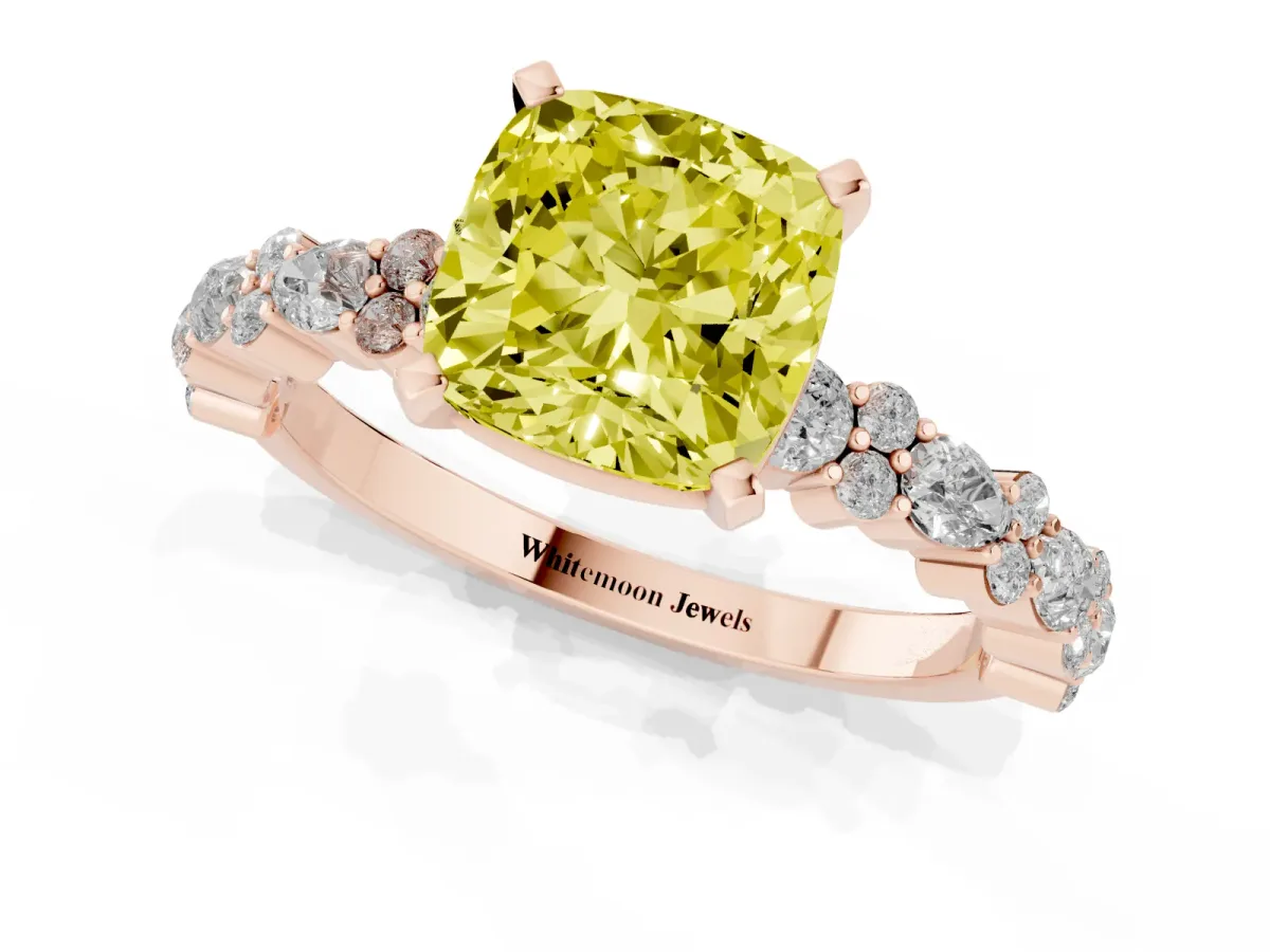 Fancy Yellow Cushion Cut Diamond Side Stone Solitaire Ring with Round and Four-Prong Setting Rose gold