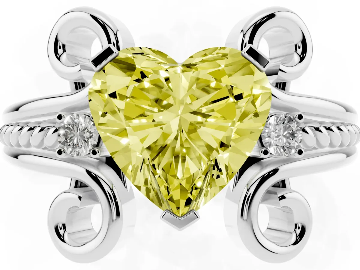 Fancy Yellow Heart Cut Solitaire Twisted Band Scroll Prong Ring Platinum