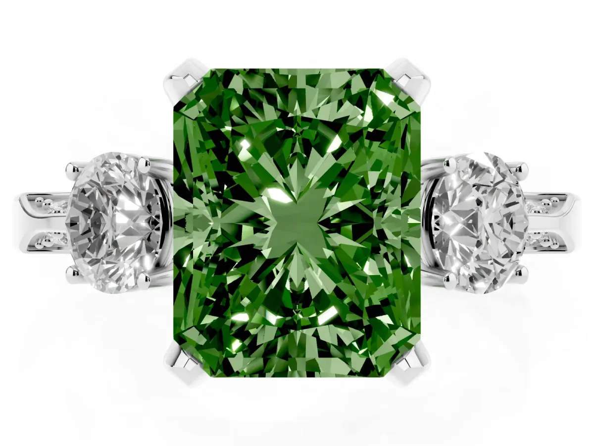 Fancy Green Radiant Cut Brilliant Three-Stone Diamond Ring with Pavé Band and Four-Prong Setting White gold