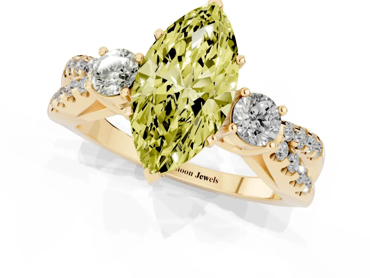 Fancy Yellow Marquise Cut Diamond Three-Stone Ring with Pavé Split Shank and Four-Prong Setting Yellow gold