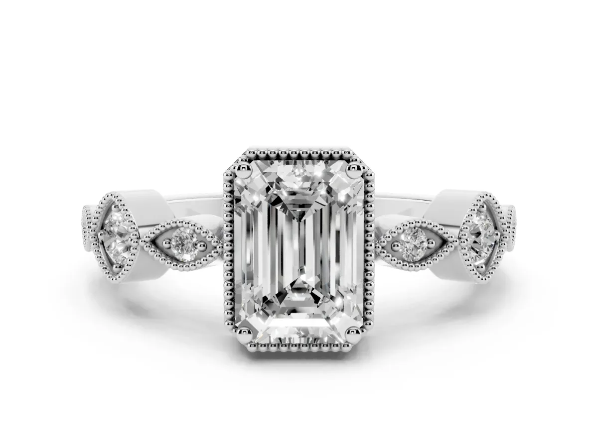 Emerald Cut Diamond Vintage Milgrain Ring with Round Stations Silver