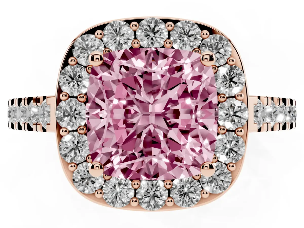 Fancy Pink Cushion Cut Diamond Halo Ring with Round Pavé Split Shank and Prong Setting Rose gold