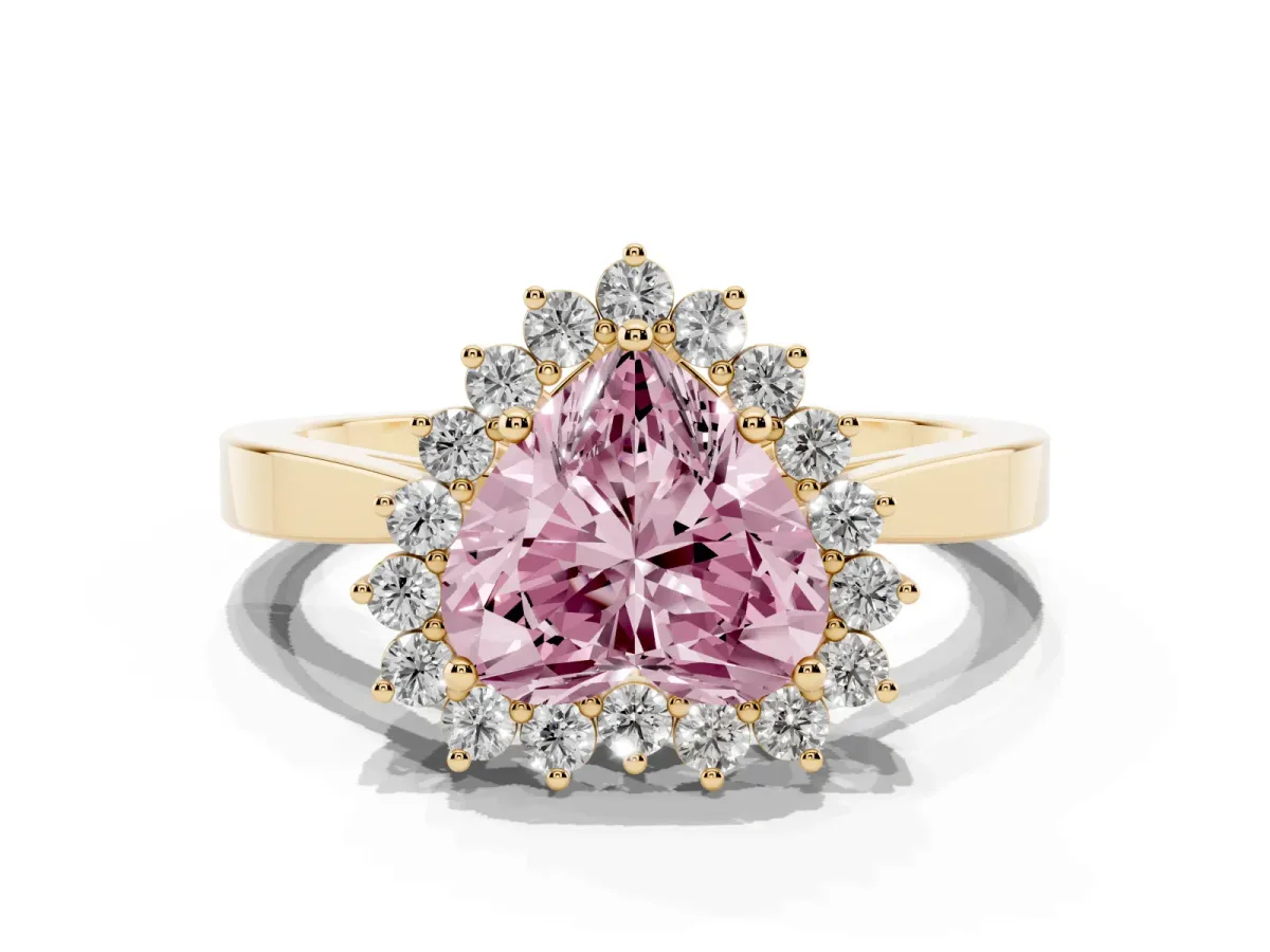 Fancy Pink Heart Cut Cut Diamond Halo Ring with Round Brilliant Halo and Solitaire Band Yellow gold