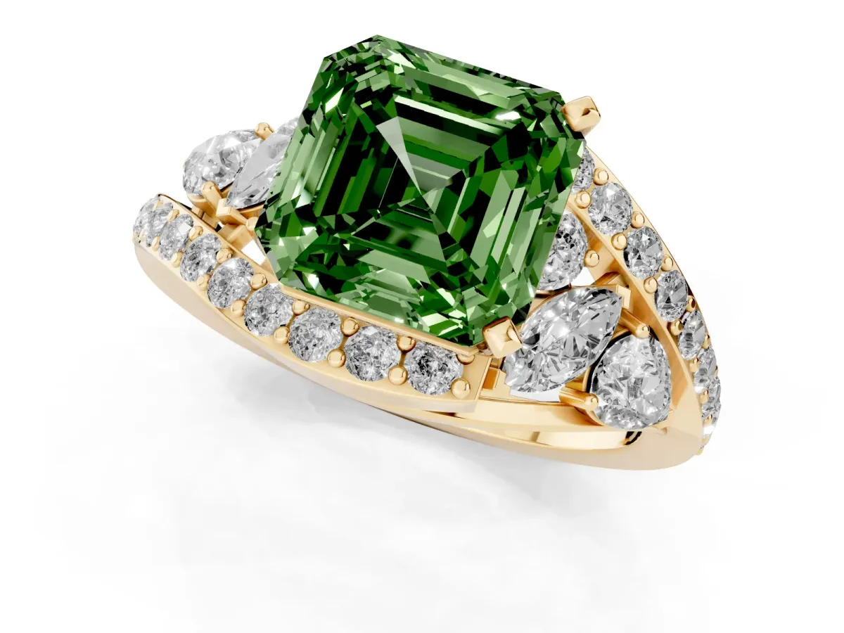 Fancy Green Asscher Cut Diamond Halo Ring with Marquise and Pavé Band in Prong Setting Yellow gold