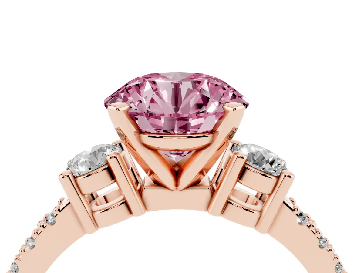 Fancy Pink Round Cut Three-Stone Diamond Pavé Band with Prong Setting Rose gold