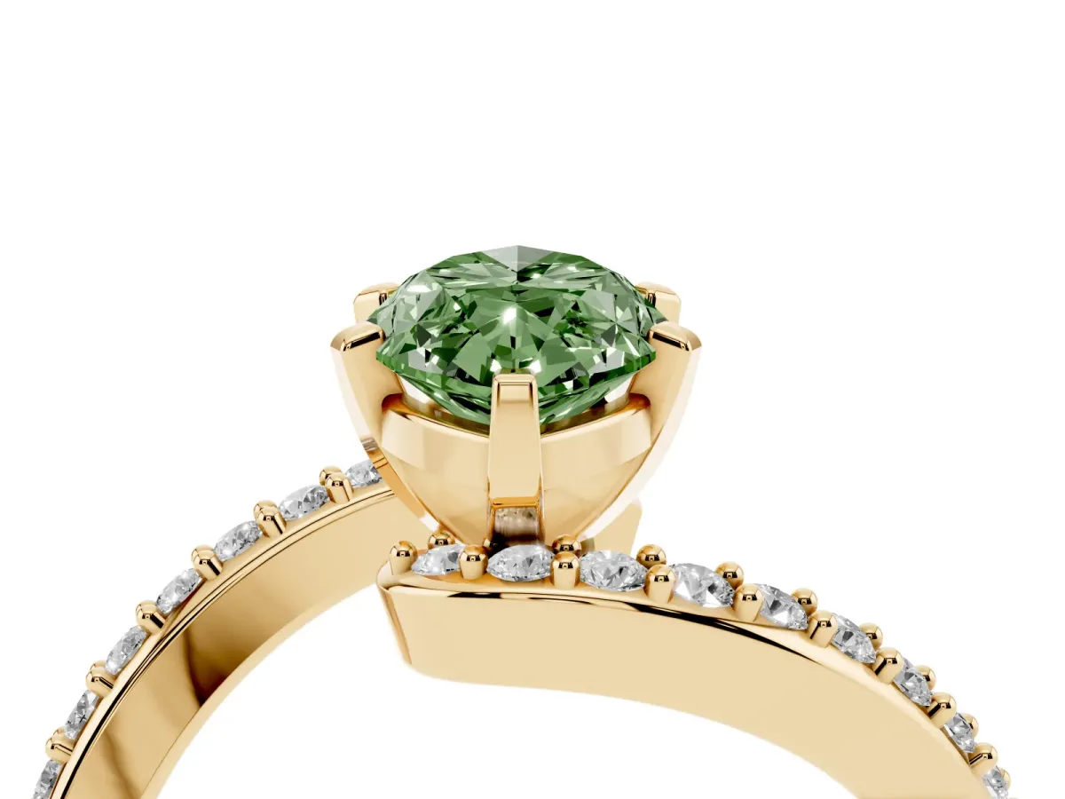 Fancy Green Marquise Cut Solitaire Twist Band with Pave Set Diamonds and Four-Prong Setting Yellow gold