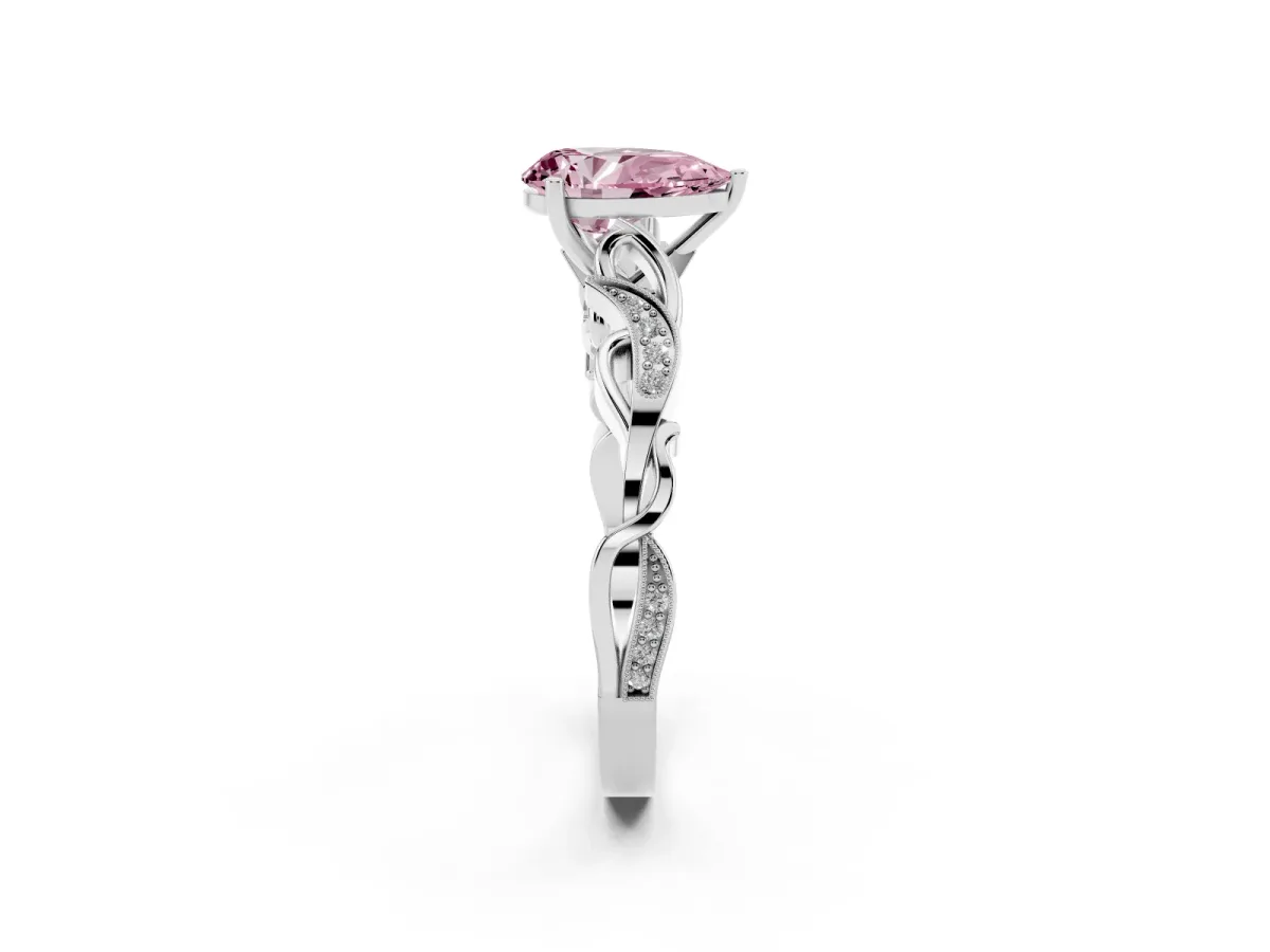 Fancy Pink Pear Cut Solitaire Vine Band with Milgrain Prong Setting Silver