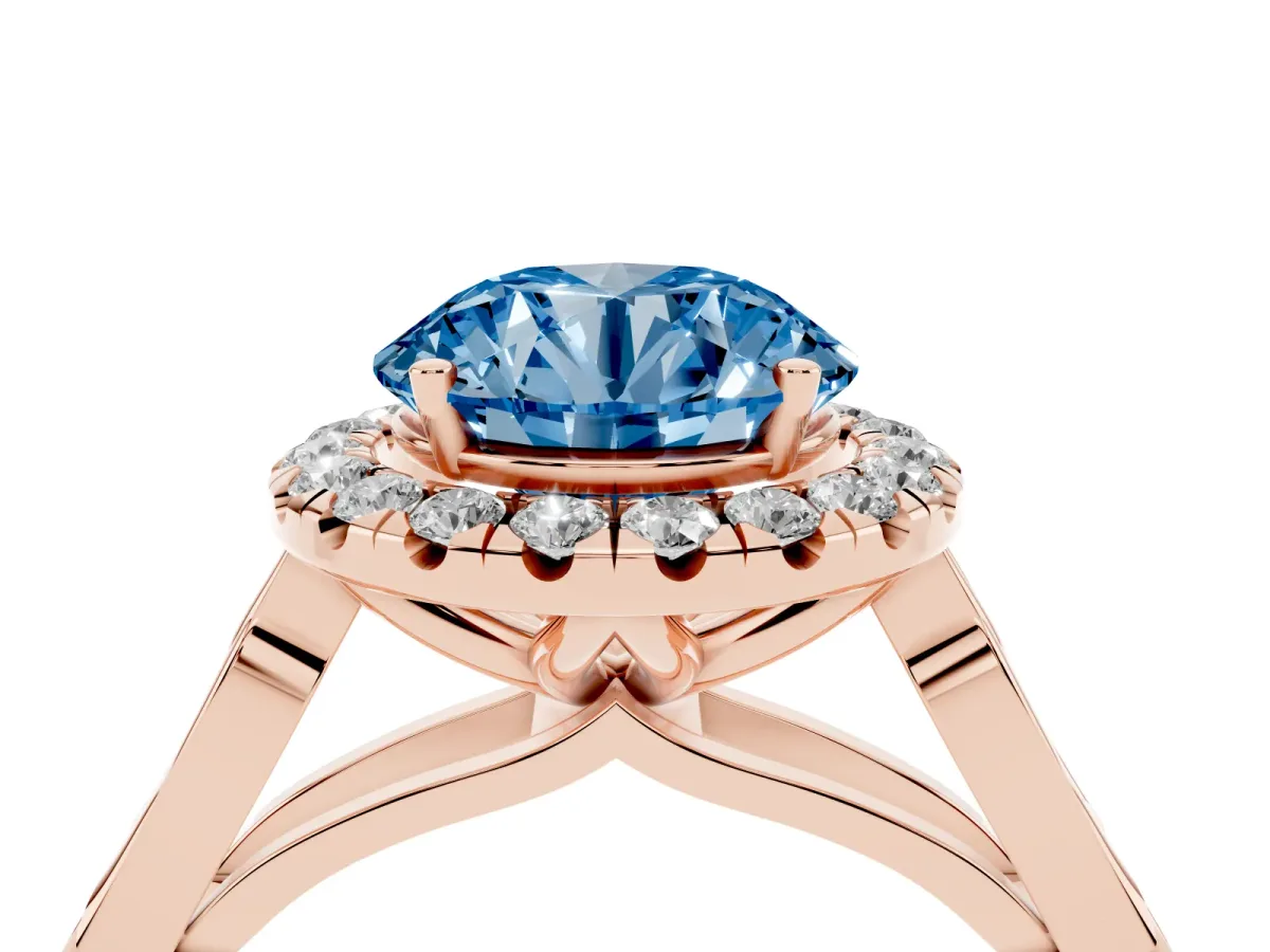 Fancy Blue Round Cut Halo Diamond Engagement Ring with Filigree Band and Four-Prong Setting Rose gold