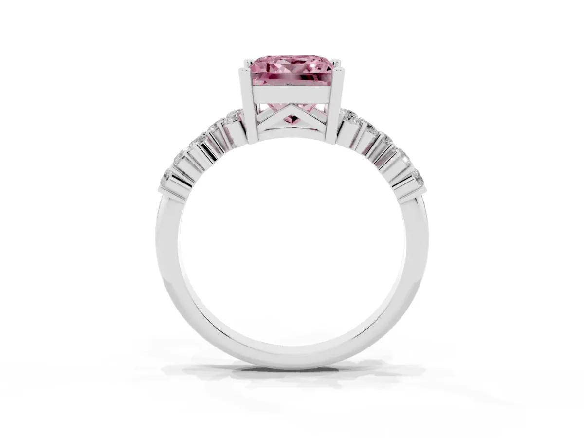 Fancy Pink Princess Cut Diamond Scattered Round Accent Ring with Prong Setting Platinum