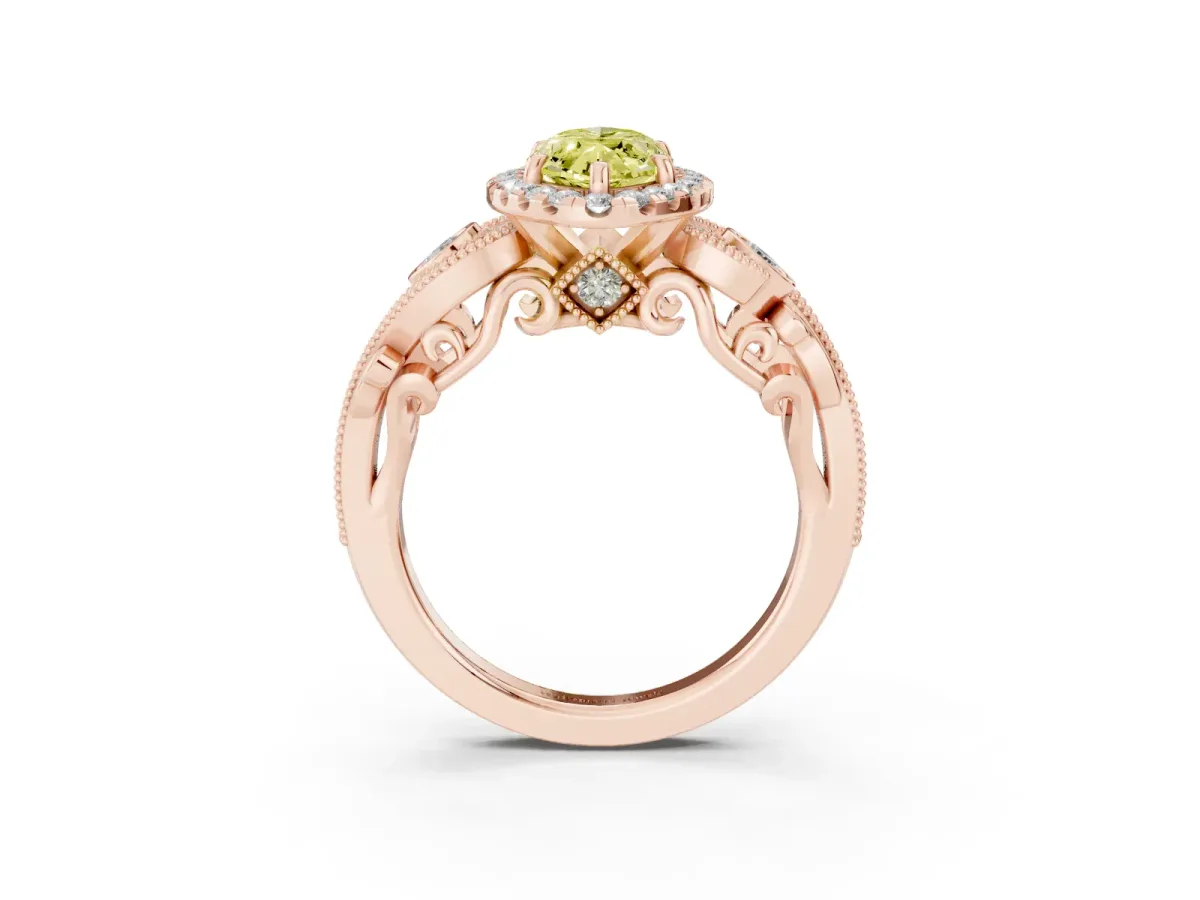 Fancy Yellow Marquise Cut Halo Diamond Ring with Milgrain and Bezel Accents on a Split Shank Band Rose gold