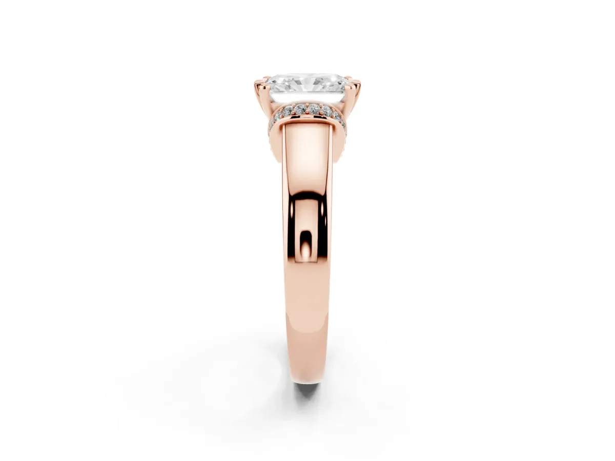 Radiant Cut Solitaire Diamond Ring with Pave Band and Six-Prong Setting Rose gold