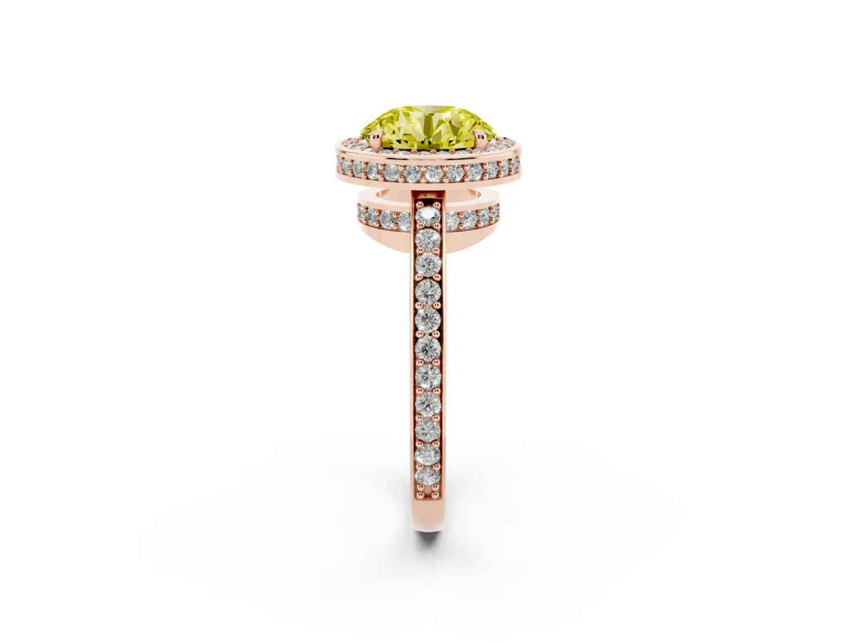 Fancy Yellow Round Cut Halo Pave Band Solitaire Ring with Prong Setting Rose gold