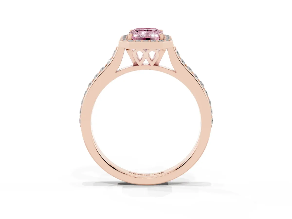 Fancy Pink Emerald Cut Diamond Halo Engagement Ring with Round Pavé Shoulders and Prong Setting Rose gold