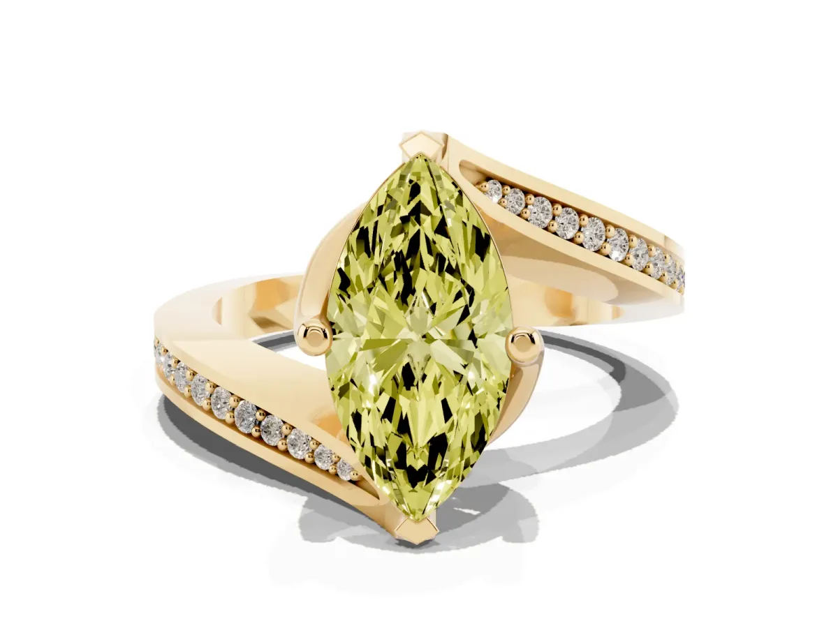 Fancy Yellow Marquise Cut Solitaire Diamond Twist Band with Pavé Setting and Four-Prong Setting Yellow gold