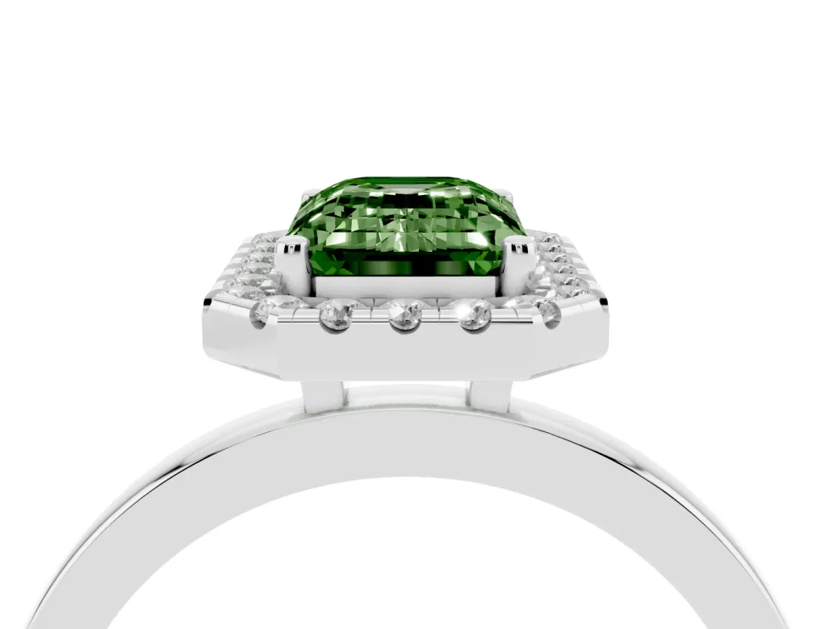 Fancy Green Emerald Cut Halo Diamond Solitaire with Pavé Band and Four-Prong Setting Platinum