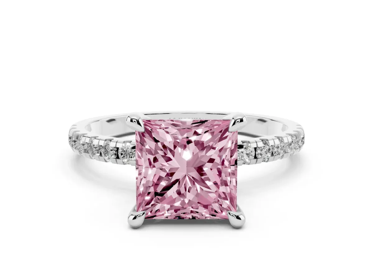 Fancy Pink Princess Cut Diamond Brilliant Solitaire Ring with Pavé Band and Four-Prong Setting Platinum