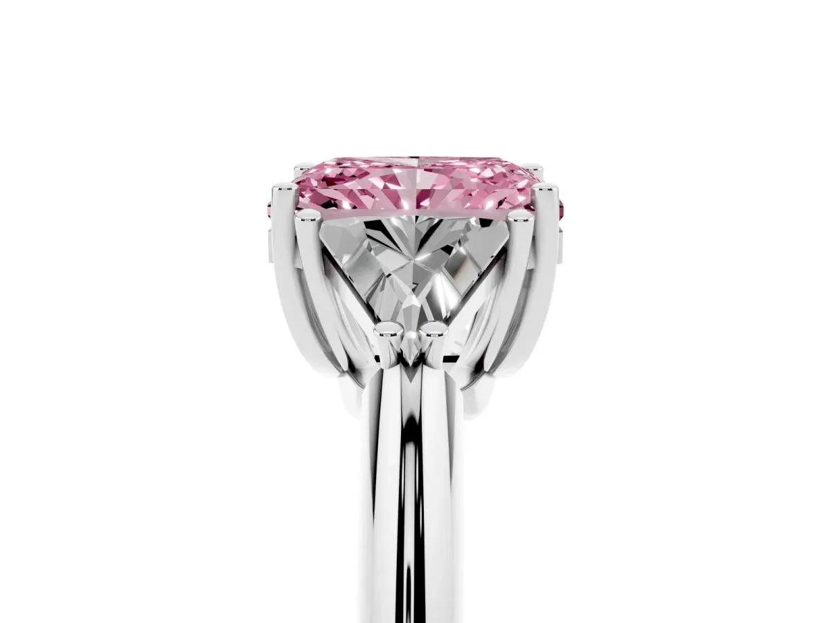 Fancy Pink Three-Stone Radiant Cut Diamond Engagement Ring with Trillion Side Stones and Prong Setting White gold