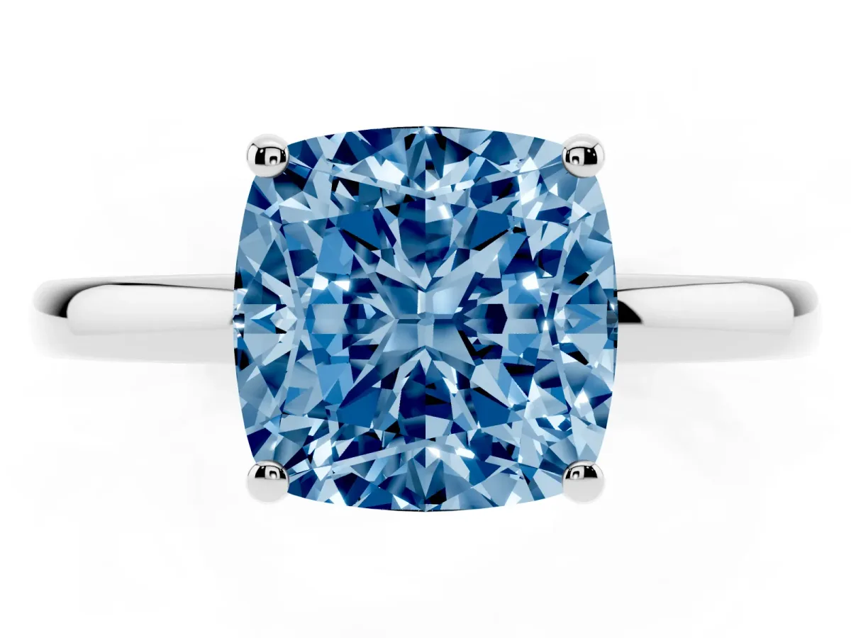 Fancy Blue Cushion Cut Solitaire Diamond Ring with Prong Setting and Plain Band Silver
