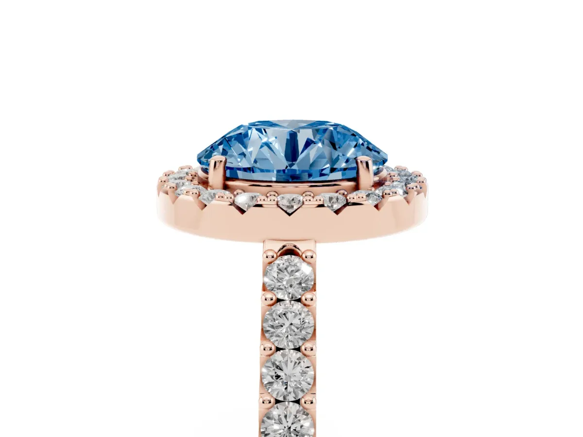 Fancy Blue Round Cut Halo Diamond Pavé Solitaire Ring Rose gold