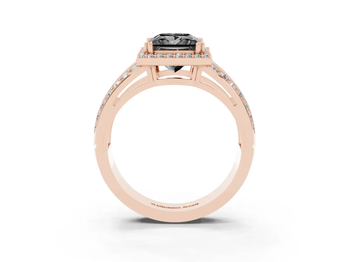 Fancy Black Princess Cut Diamond Halo Ring with Split Shank Pavé Band and Four-Prong Setting Rose gold