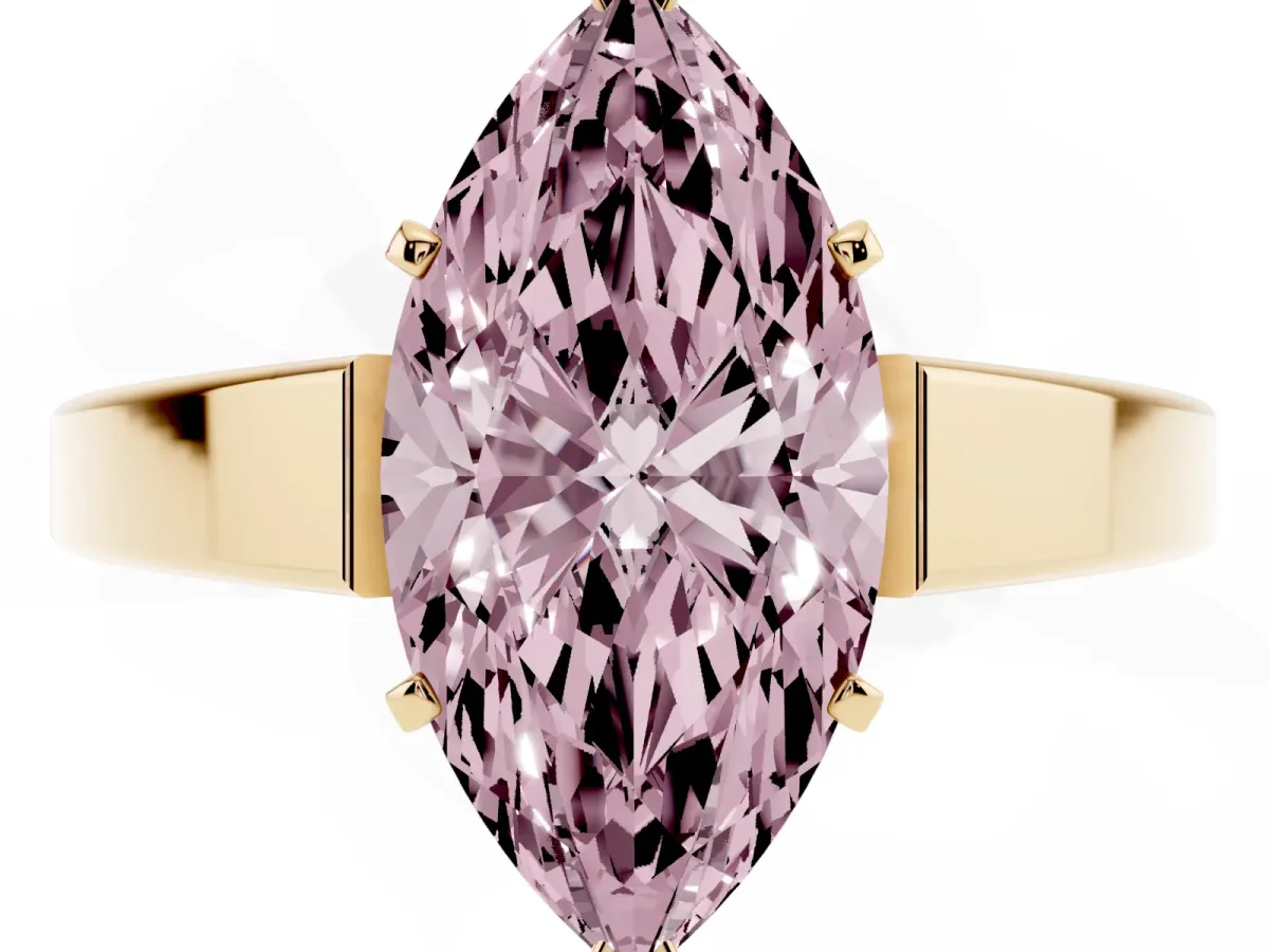 Fancy Pink Marquise Cut Solitaire Engagement Ring with Four-Prong Setting and Tapered Band Yellow gold