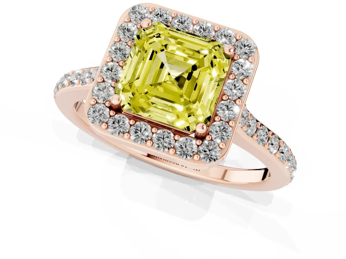 Fancy Yellow Asscher Cut Diamond Halo Engagement Ring with Round Pavé Shoulders and Prong Setting Rose gold