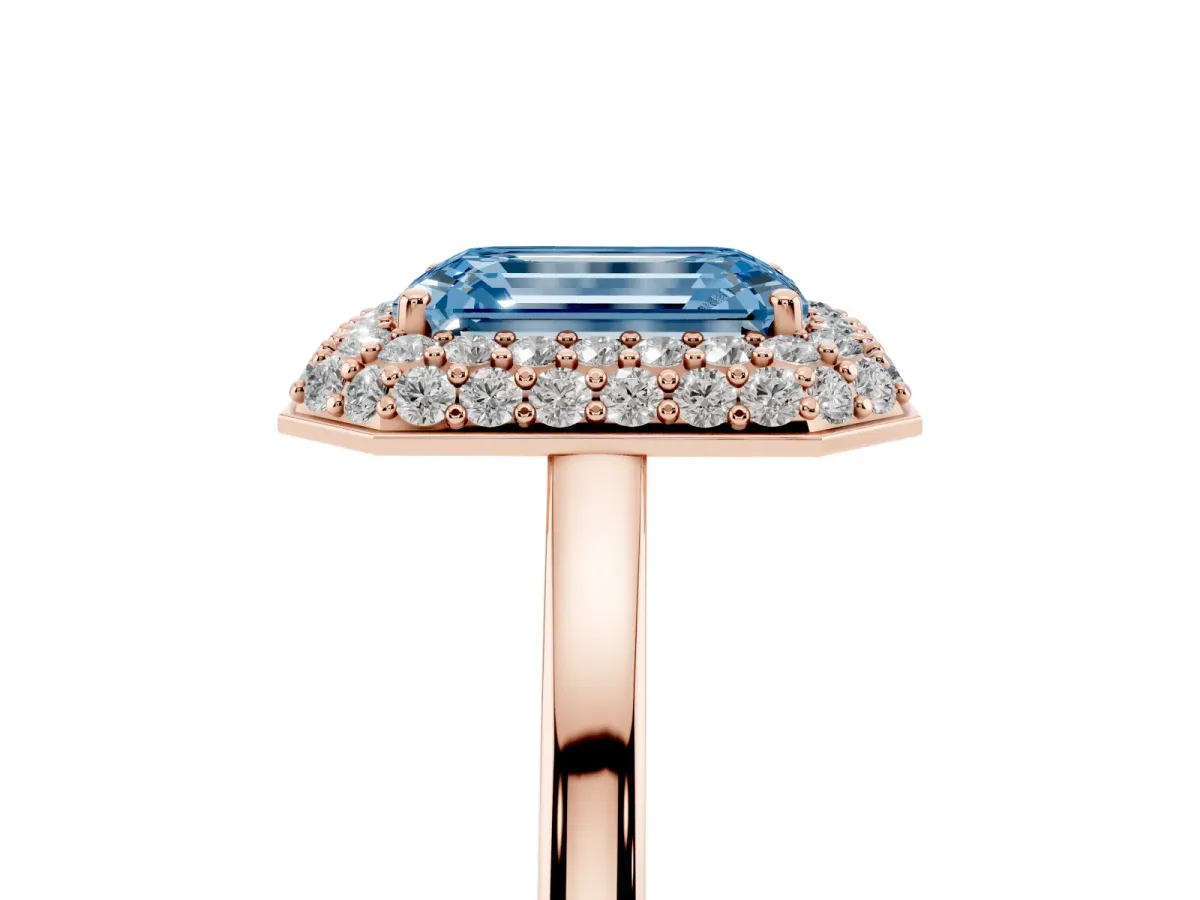 Fancy Blue Emerald Cut Halo Diamond Engagement Ring with Solitaire Band and Four-Prong Setting Rose gold