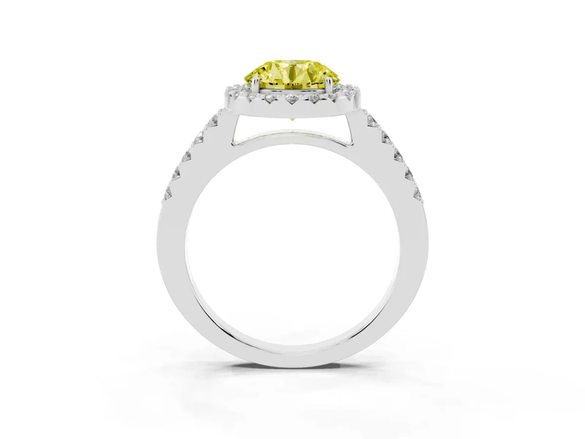 Fancy Yellow Round Cut Halo Diamond Pavé Solitaire Ring Platinum