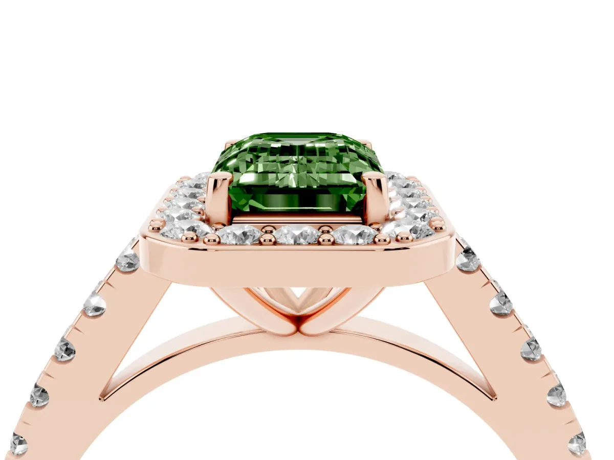 Fancy Green Emerald Cut Diamond Halo Ring with Round Pavé Split Shank and Prong Setting Rose gold
