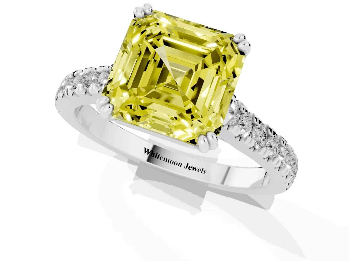 Fancy Yellow Asscher Cut Solitaire Pave Diamond Engagement Ring with Prong Setting Platinum