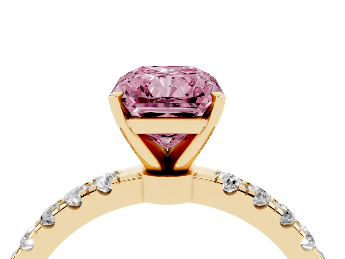 Fancy Pink Radiant Cut Diamond Solitaire Ring with Pavé Accents and Four-Prong Setting Yellow gold