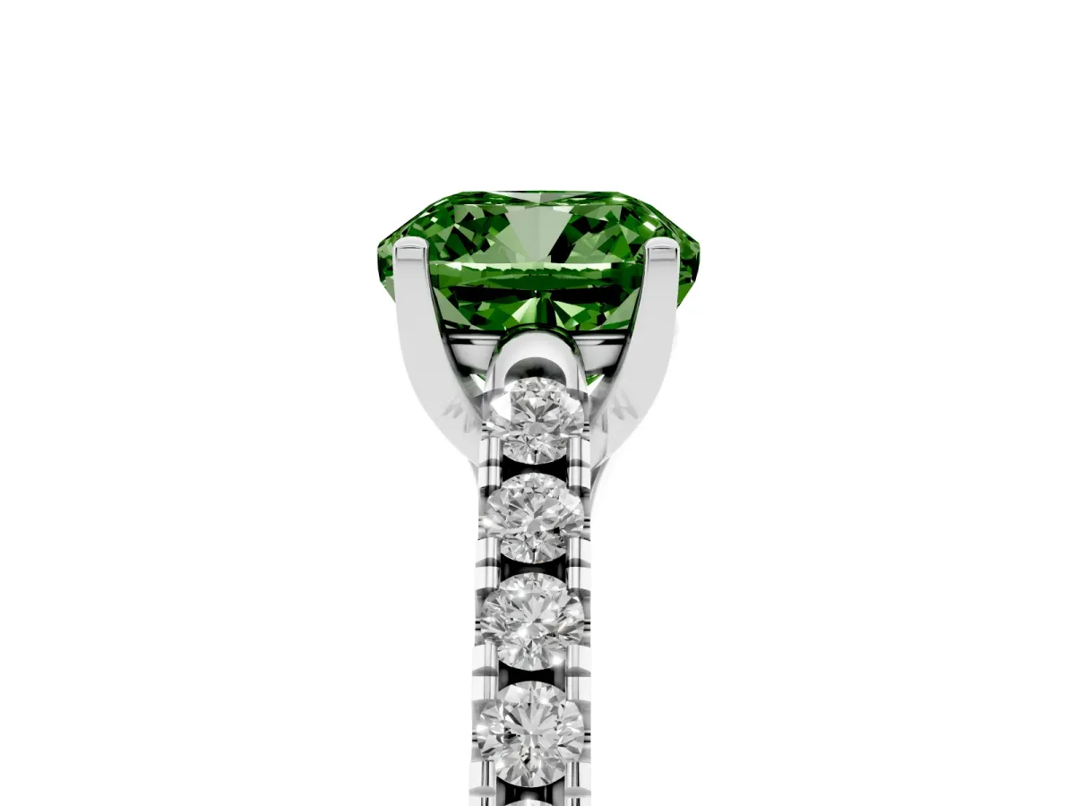 Fancy Green Cushion Cut Diamond Pavé Band Solitaire Ring with Prong Setting Silver