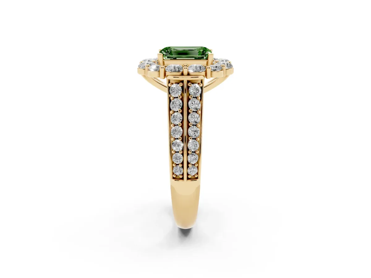 Fancy Green Emerald Cut Halo Diamond Engagement Ring with Split Shank and Prong Setting Yellow gold