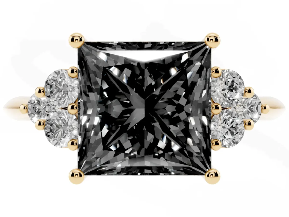 Fancy Black Princess Cut Cut Diamond Cluster Ring with Solitaire Band and Four-Prong Setting Yellow gold