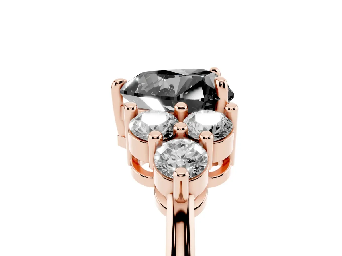 Fancy Black Heart Cut Brilliant Diamond Cluster Accent Solitaire Ring with Prong Setting Rose gold