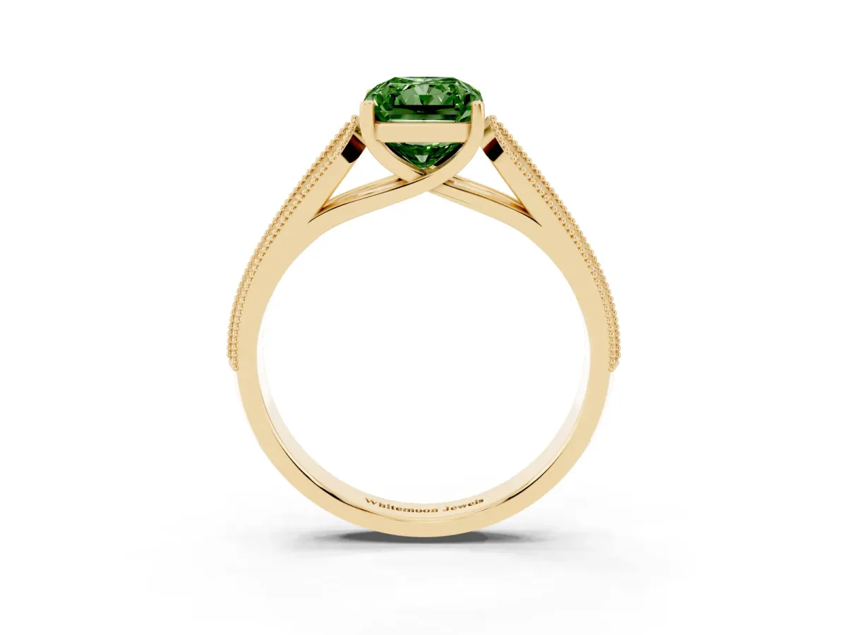 Fancy Green Radiant Cut Cut Pave Split Shank Engagement Ring with Four-Prong Setting Yellow gold