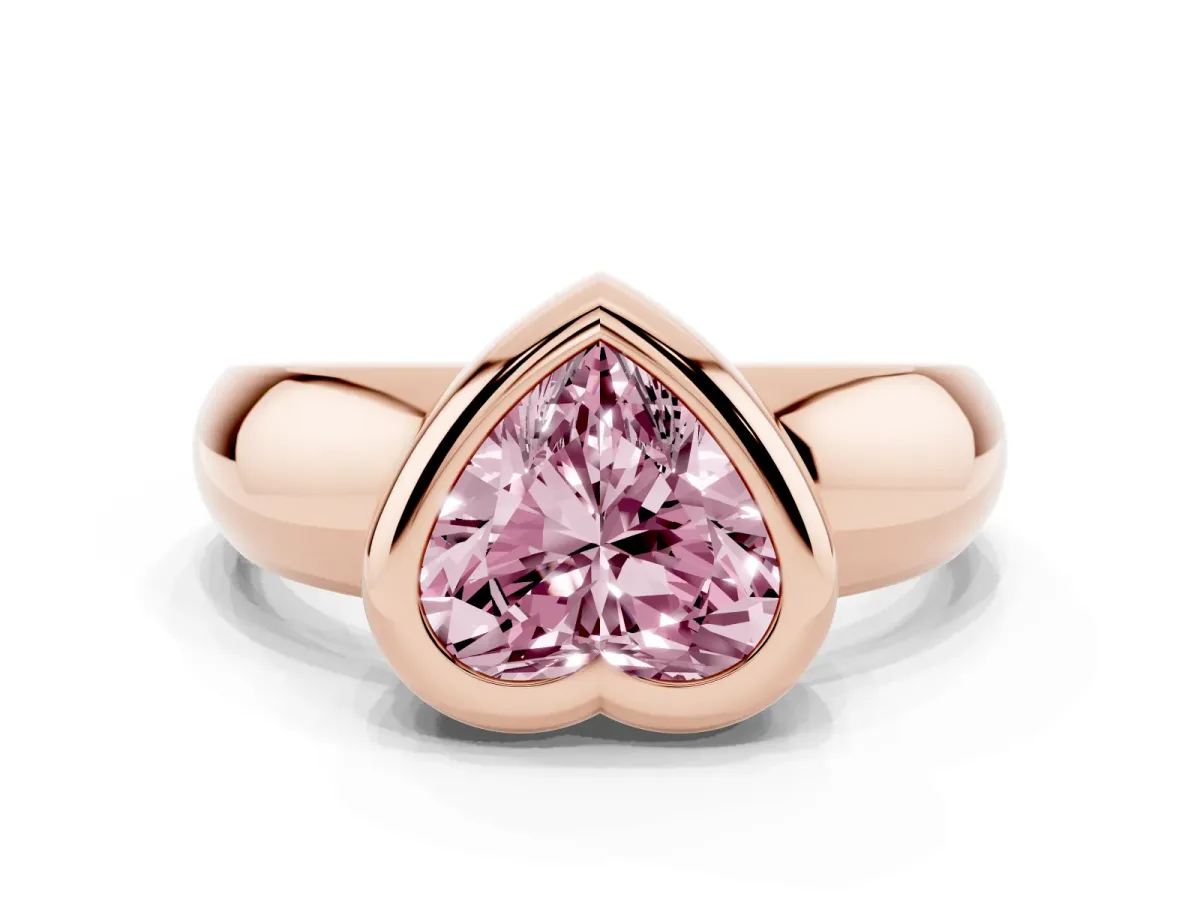 Fancy Pink Bezel Set Heart Cut Solitaire Ring with Wide Band Rose gold